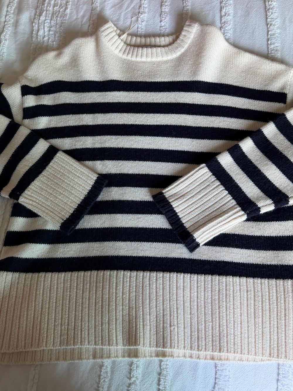 Zara Cream and Black Striped Crewneck Sweater